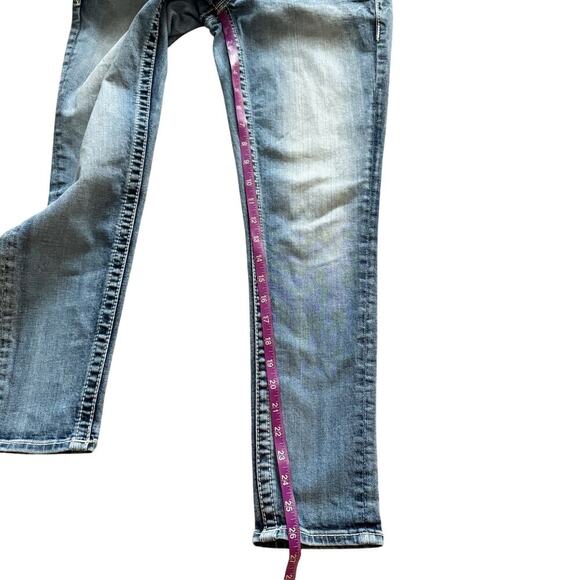 Vigoss Jeans Womens Sz 2 Blue Capri Embroidered pockets Skinny Boho Low Rise - Picture 11 of 16